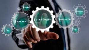 Profesional interactuando con interfaz digital con iconos de estrategia y tecnología, representando IA en bienestar corporativo.