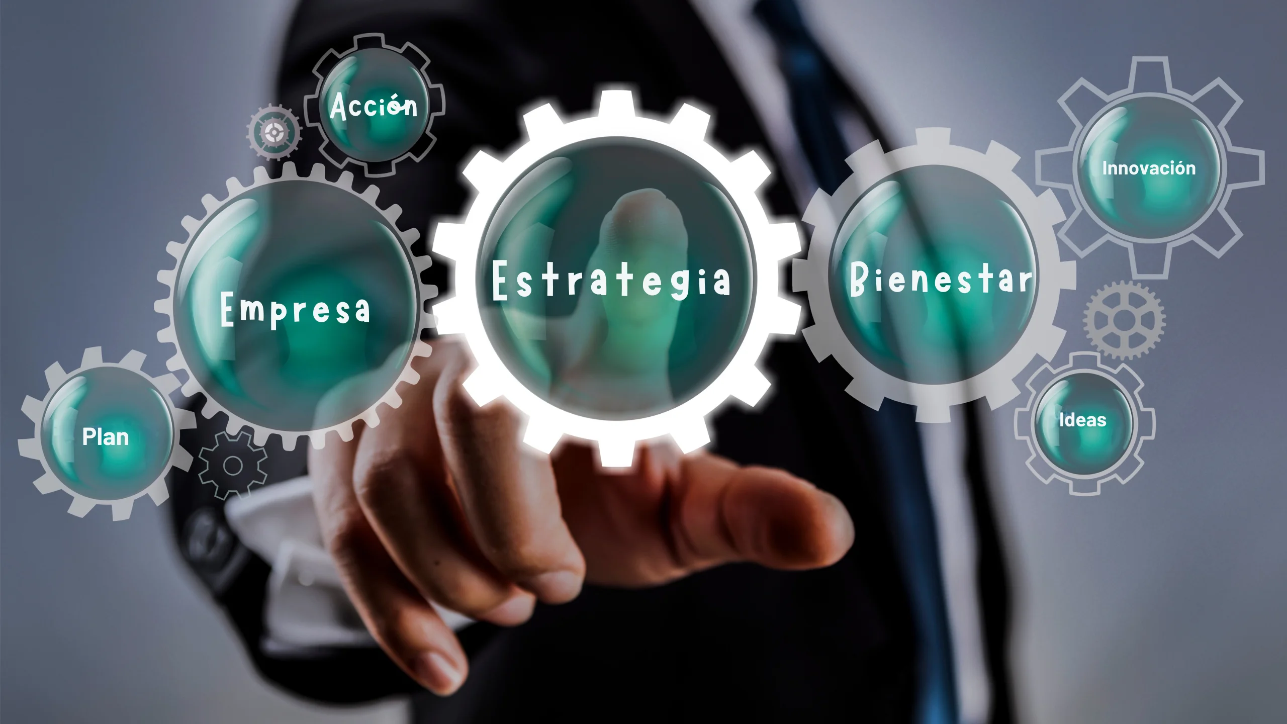 Profesional interactuando con interfaz digital con iconos de estrategia y tecnología, representando IA en bienestar corporativo.