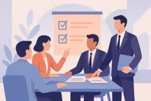 Ilustración de empresarios eligiendo la asesoría adecuada en una reunión con asesores.