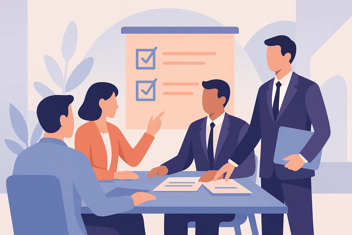 Ilustración de empresarios eligiendo la asesoría adecuada en una reunión con asesores.