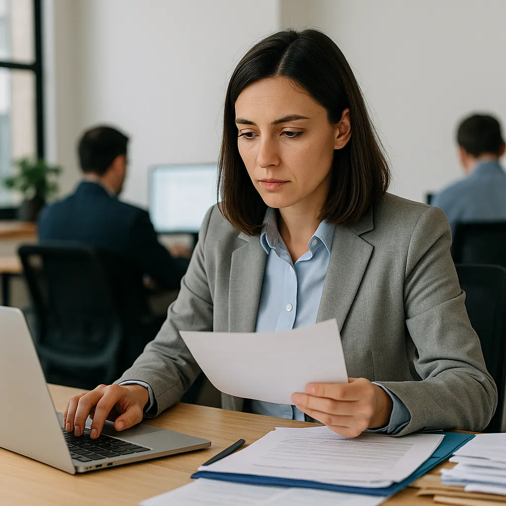 Profesional revisando documentos y ordenador en una oficina, representando asesoría legal y fiscal para pymes