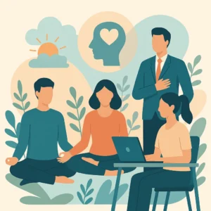 Ilustración de bienestar laboral con trabajadores y símbolos de bienestar emocional