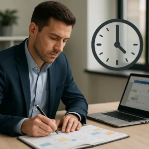 Hombre revisando documentos y calculando impuestos empresariales