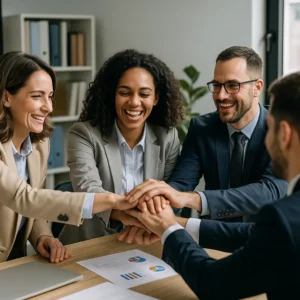 Consulta legal empresarial: asesor reunido con clientes en un despacho